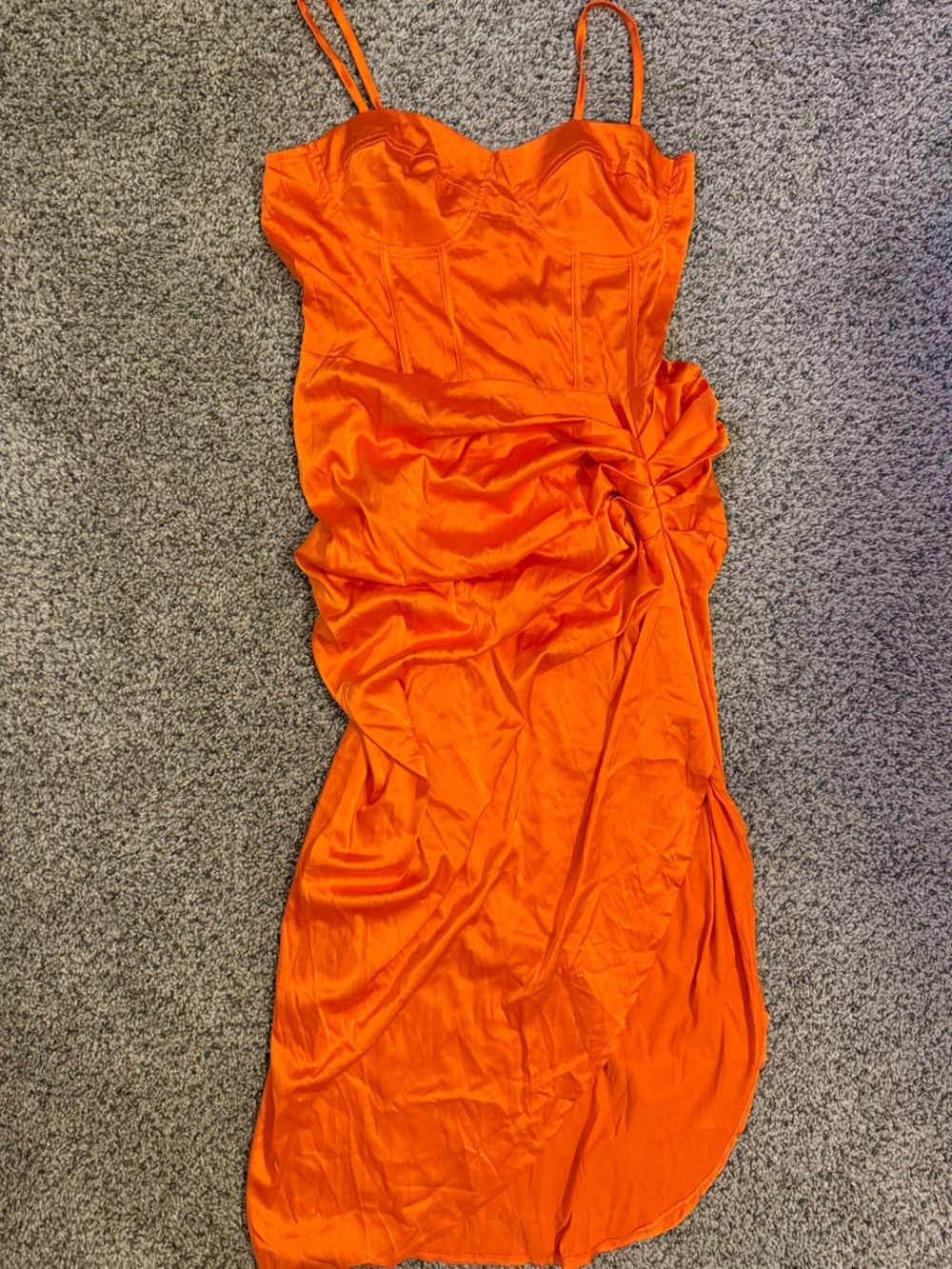 Satin Ruched Orange Midi Dress with Spaghetti Straps